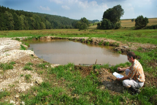 Klaus Klimaschka kniet vor dem mit Wasser gef&uuml;llten T&uuml;mpel inmitten der Feuchtwiesen des Henzeried, an dessen Rand frische Erde liegt.